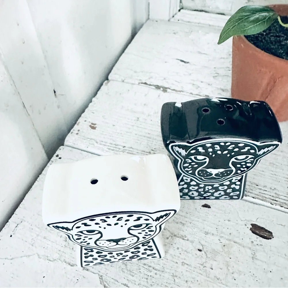 Ceramic Leopard Salt & Pepper Shakers Jaguar Cheetah NEW Jungle Bohemian B&W